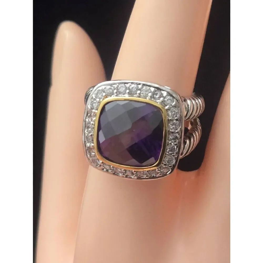Women's Size 9 Purple Amethyst & White Crystal CZ Silver Tone Ring